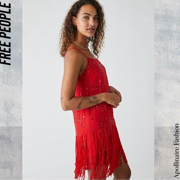 FREE PEOPLE CRYSTAL CLEAR MINI DRESS SEQUINED RED NEW IN SP - Picture 8 of 8